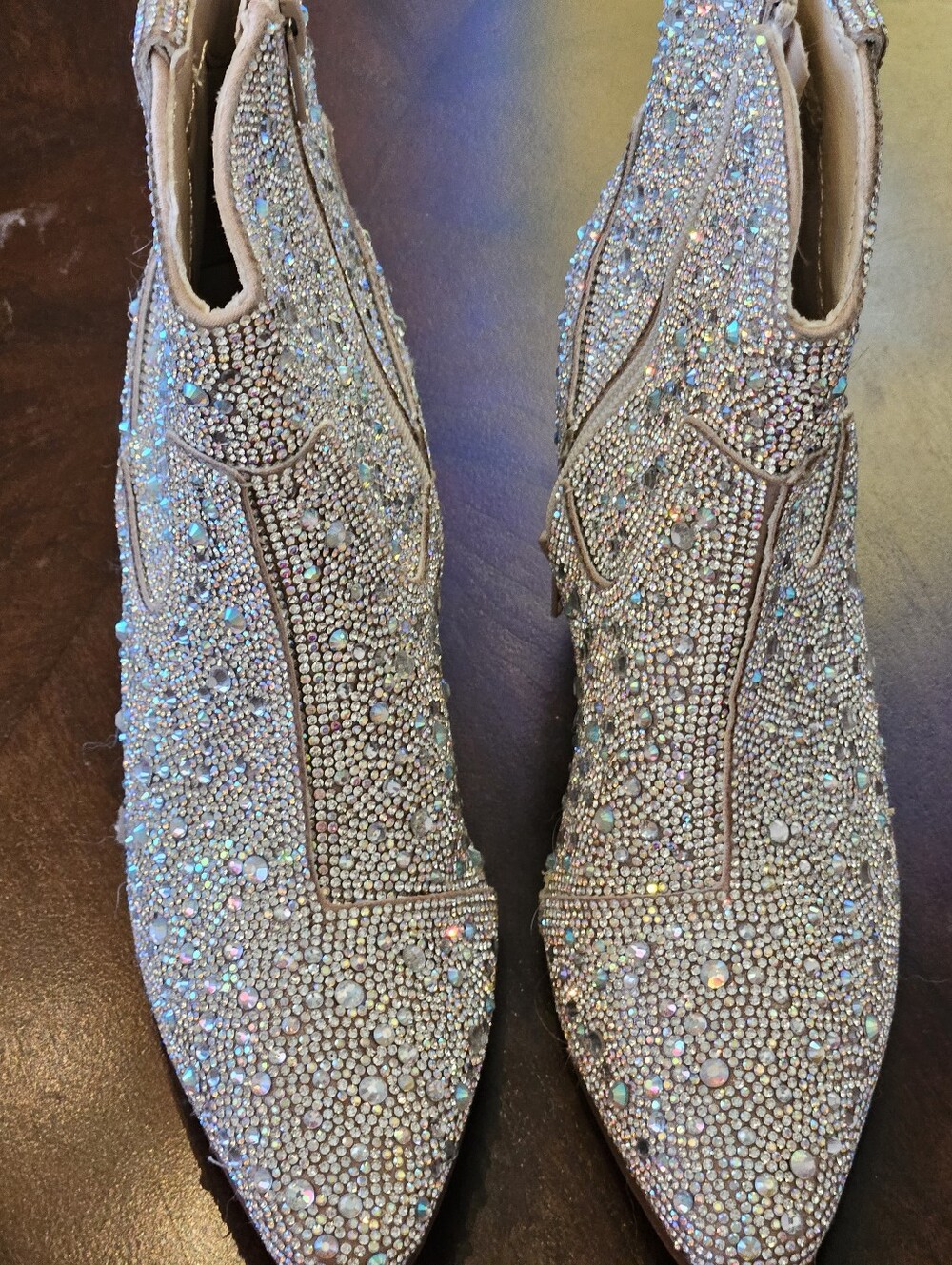 Sincerly Jules Rhinestone Embellished Pointed Toe Ankle Boots - Nude/Iridescent